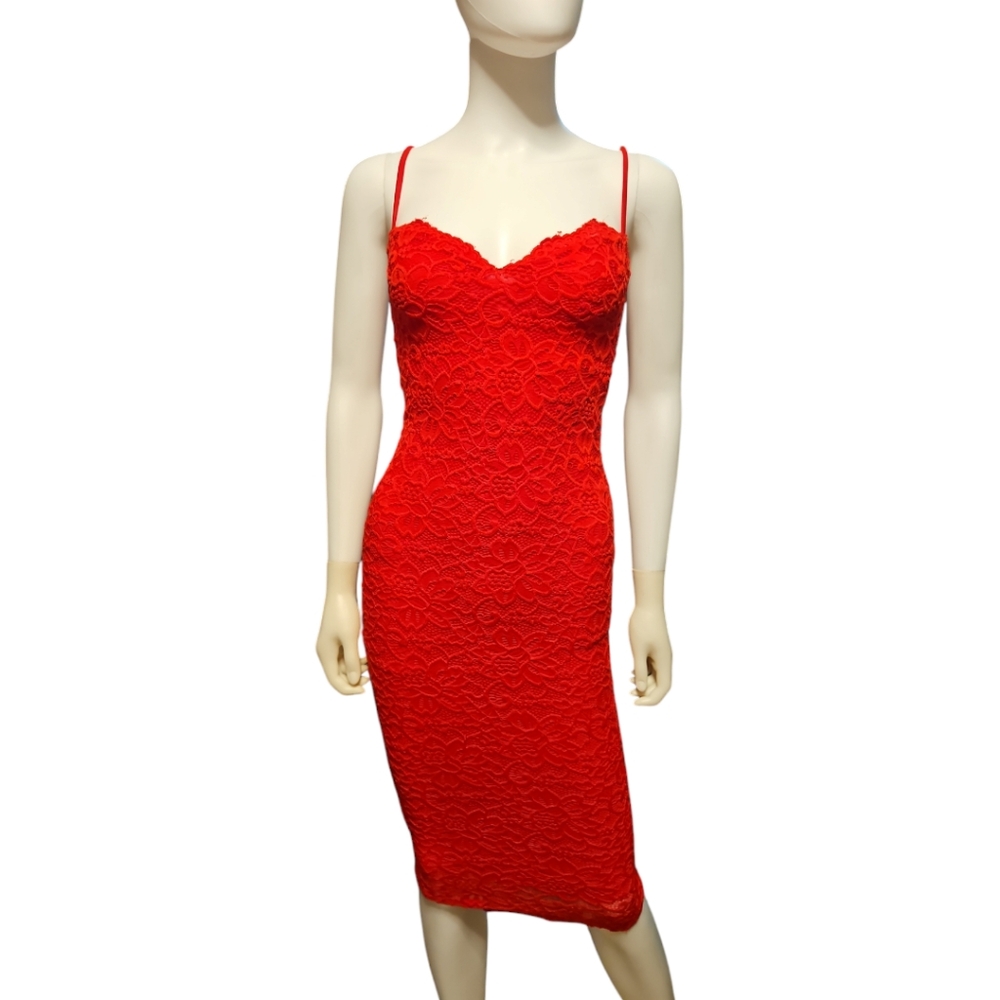 NOOKIE | Red Lace Bodycon Midi Dress in Size Small